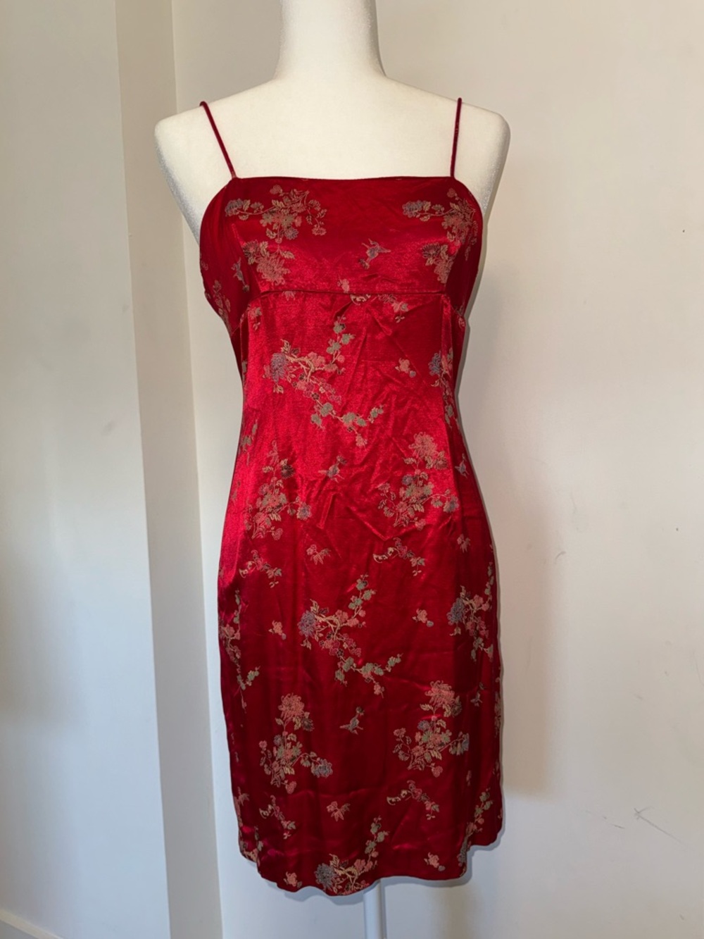 Red Floral Satin Slip Mini Dress